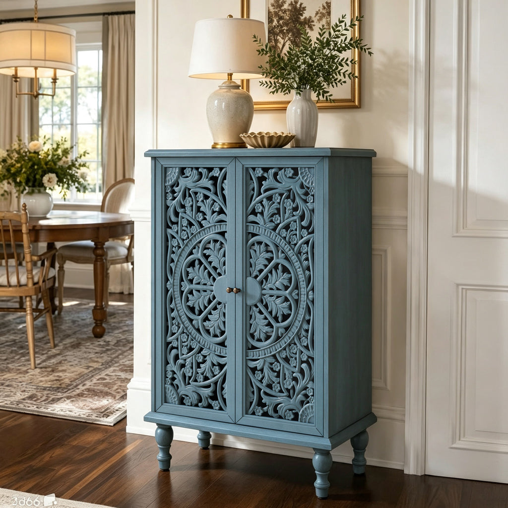 Farmhouse Accent Storage Cabinet, 2-Door Hollow Carved, Antique Blue