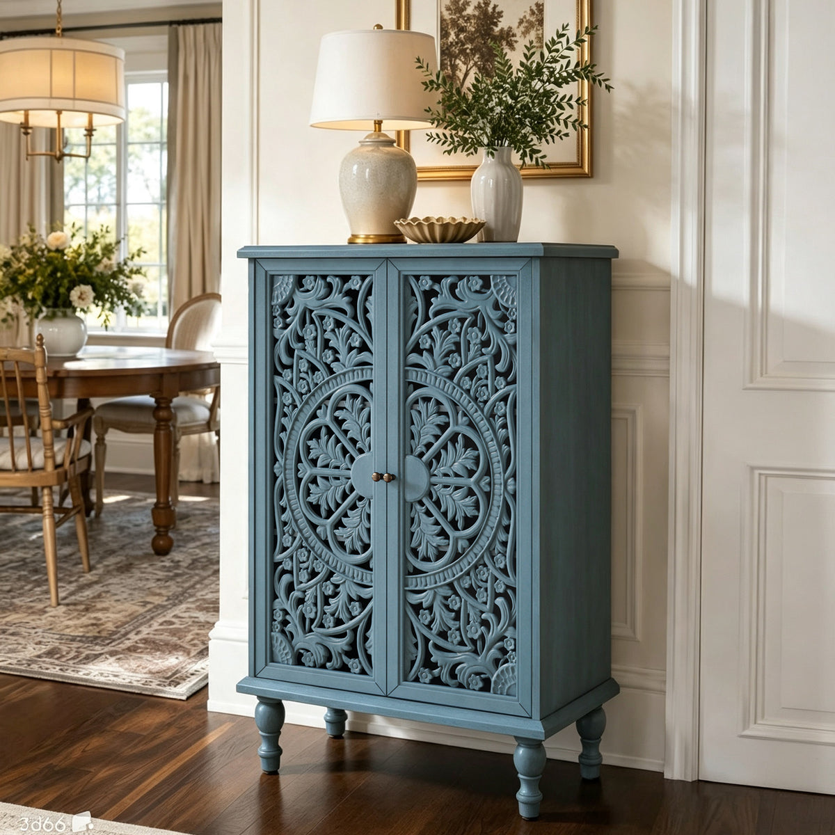 Farmhouse Accent Storage Cabinet, 2-Door Hollow Carved, Antique Blue