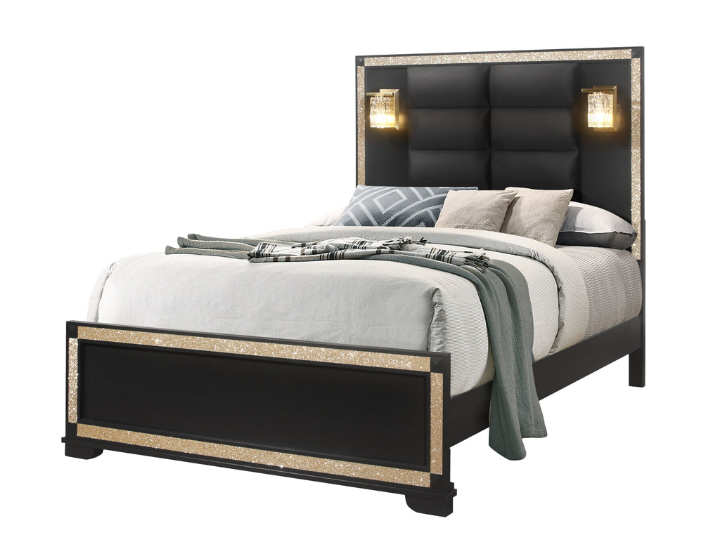 Lively Black/Gold Queen Bed with Lamps