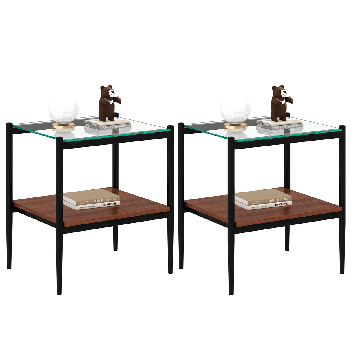 Set of 2 Rectangle End Table with Tempered Glass Top