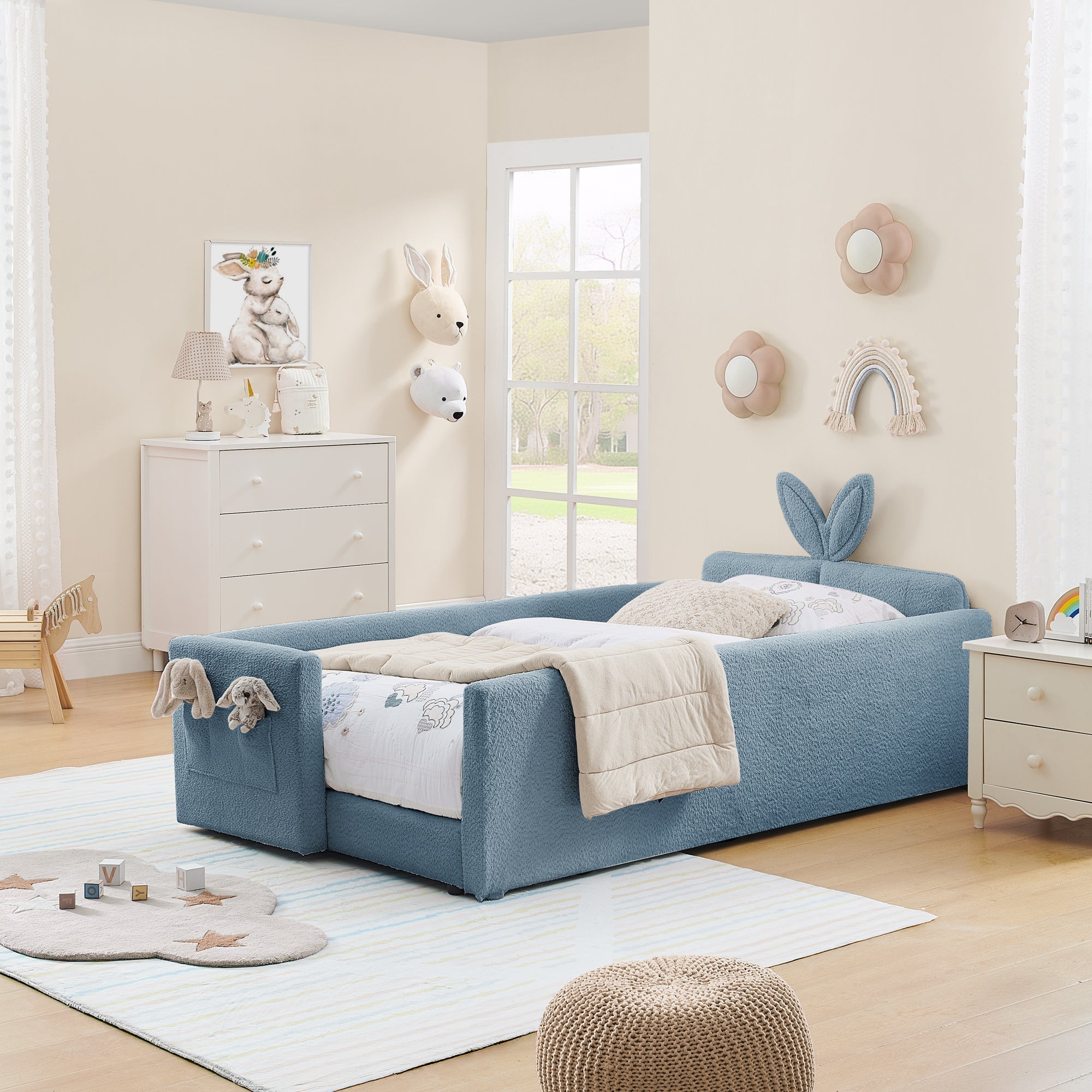 Twin Size Upholstered Platform Bed with Rabbit Ear Headboard