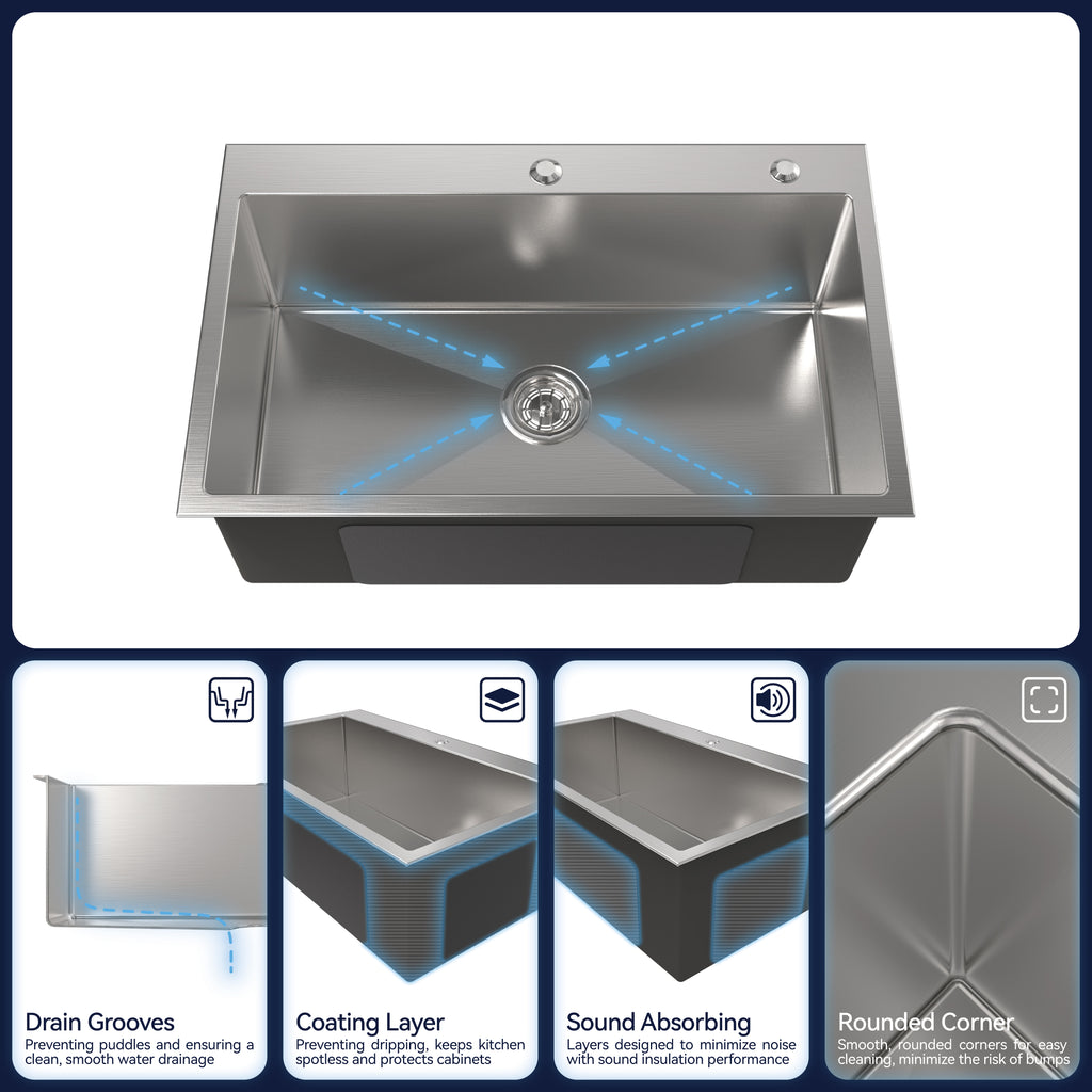 Stainless Steel Kitchen Sink, 30"x19" Single Bowl