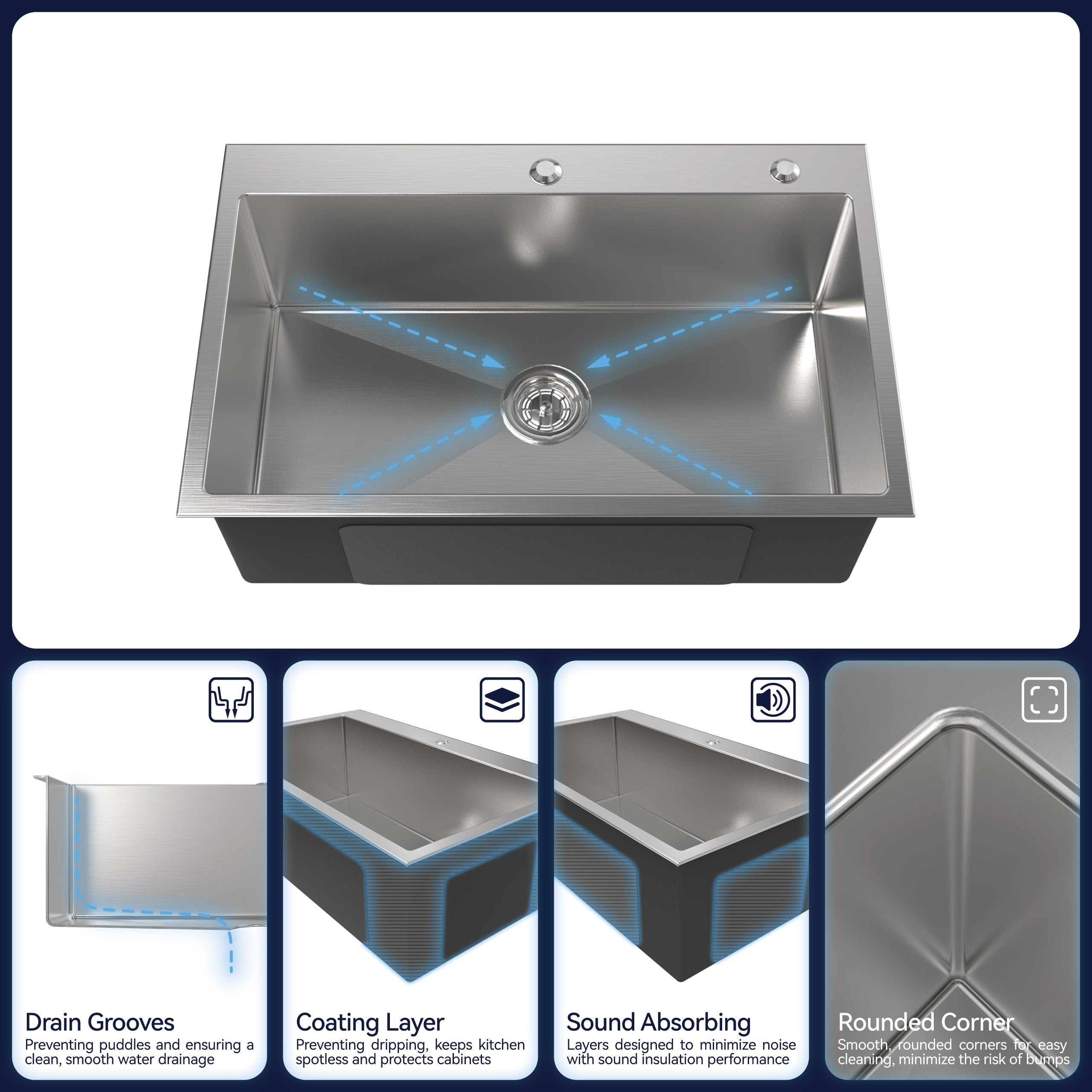 Stainless Steel Kitchen Sink, 30"x19" Single Bowl