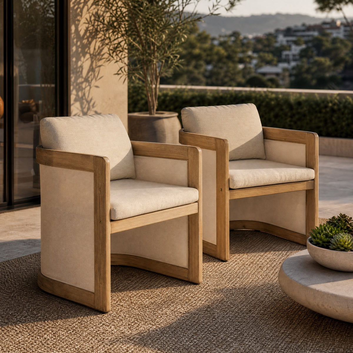 Set of 2 Outdoor Patio Dining Armchairs, Acacia Wood Frame with Textilene Side Panels, Patio Chairs with Removable