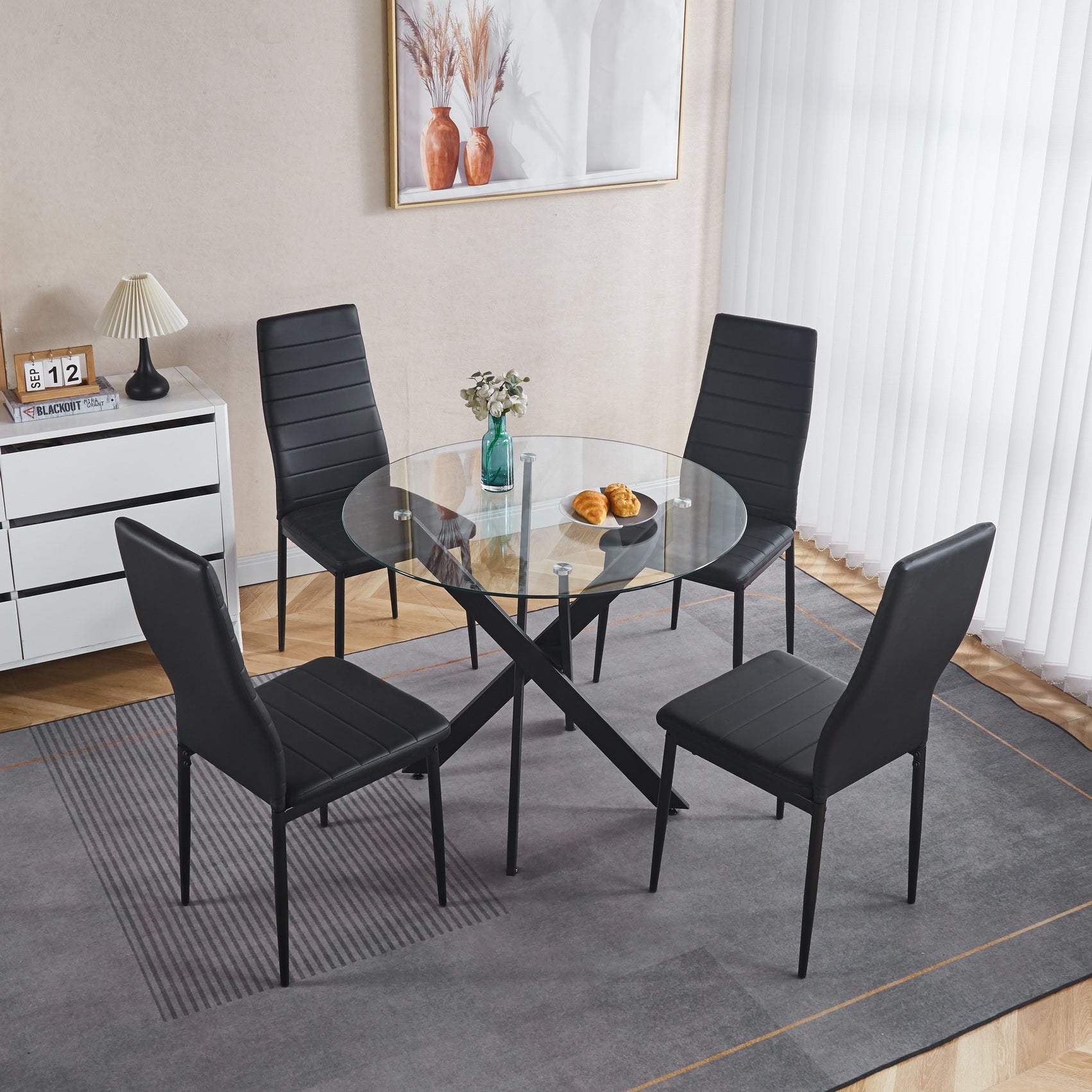 Black Dining Table with Cross Metal Leg and Tempered Glass