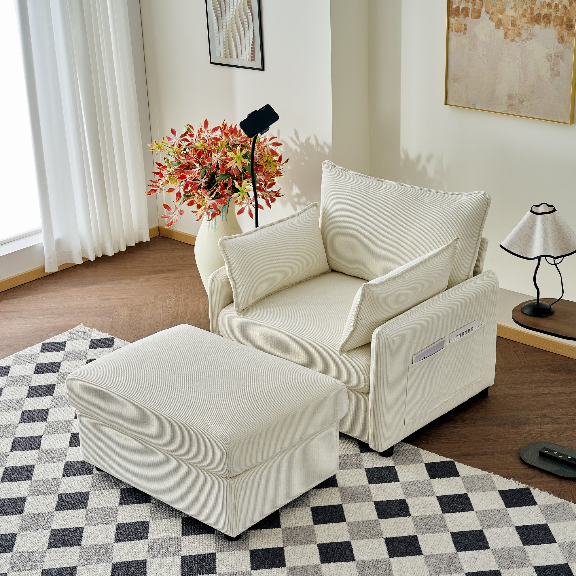 55" Oversized Chaise Lounge Chair Indoor with Ottoman and Storage