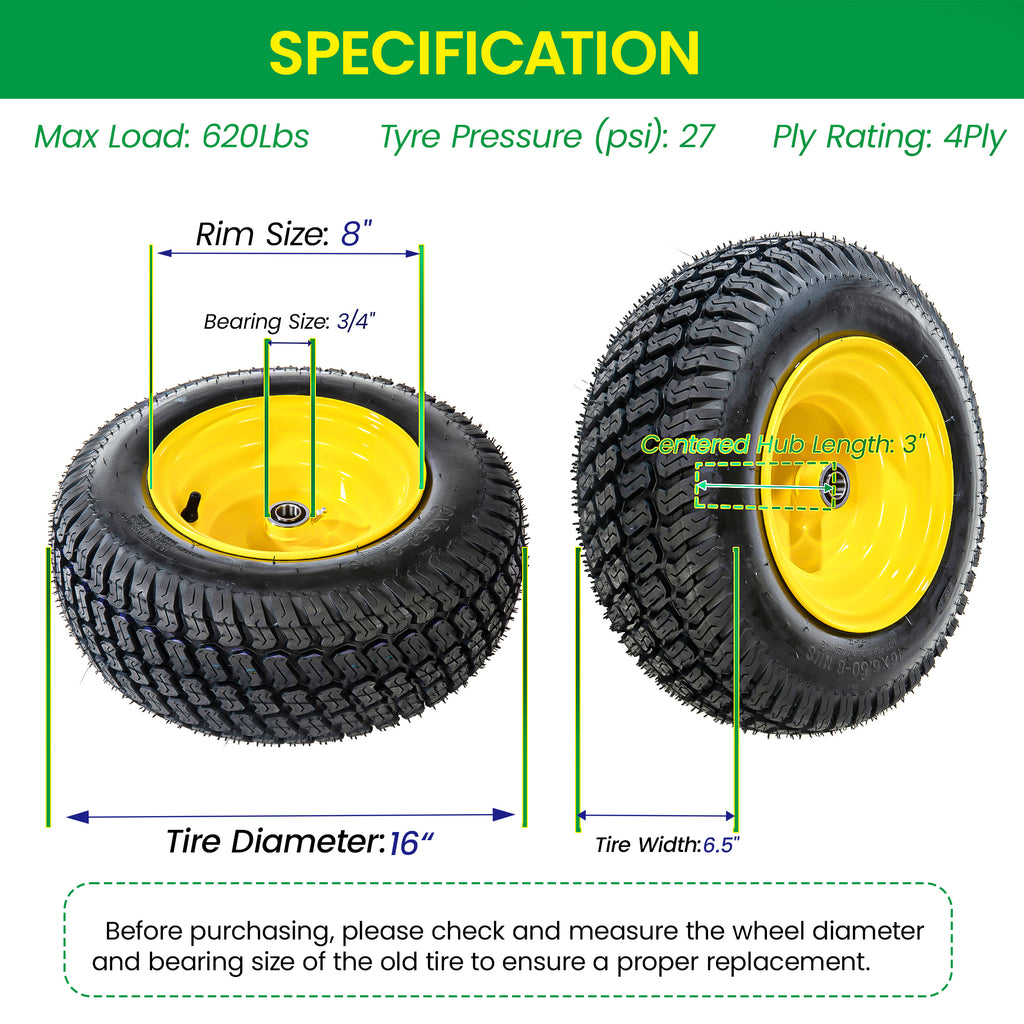 Set of 2 16x6.50-8 Lawn Mower Tires & Wheel Assembly