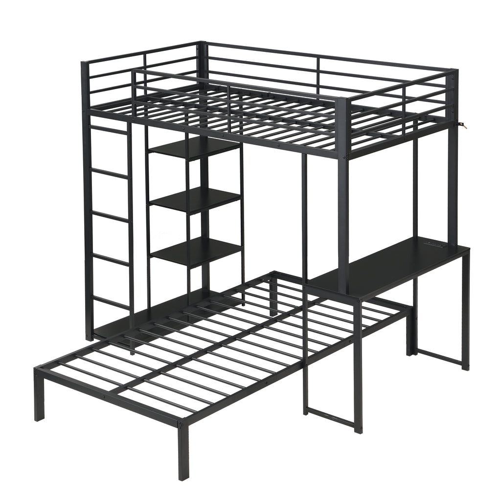 Metal Loft Bed Frame with LED Light Strip, Side Storage Shelves & Built-in Desk