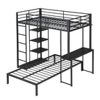 Metal Loft Bed Frame with LED Light Strip, Side Storage Shelves & Built-in Desk
