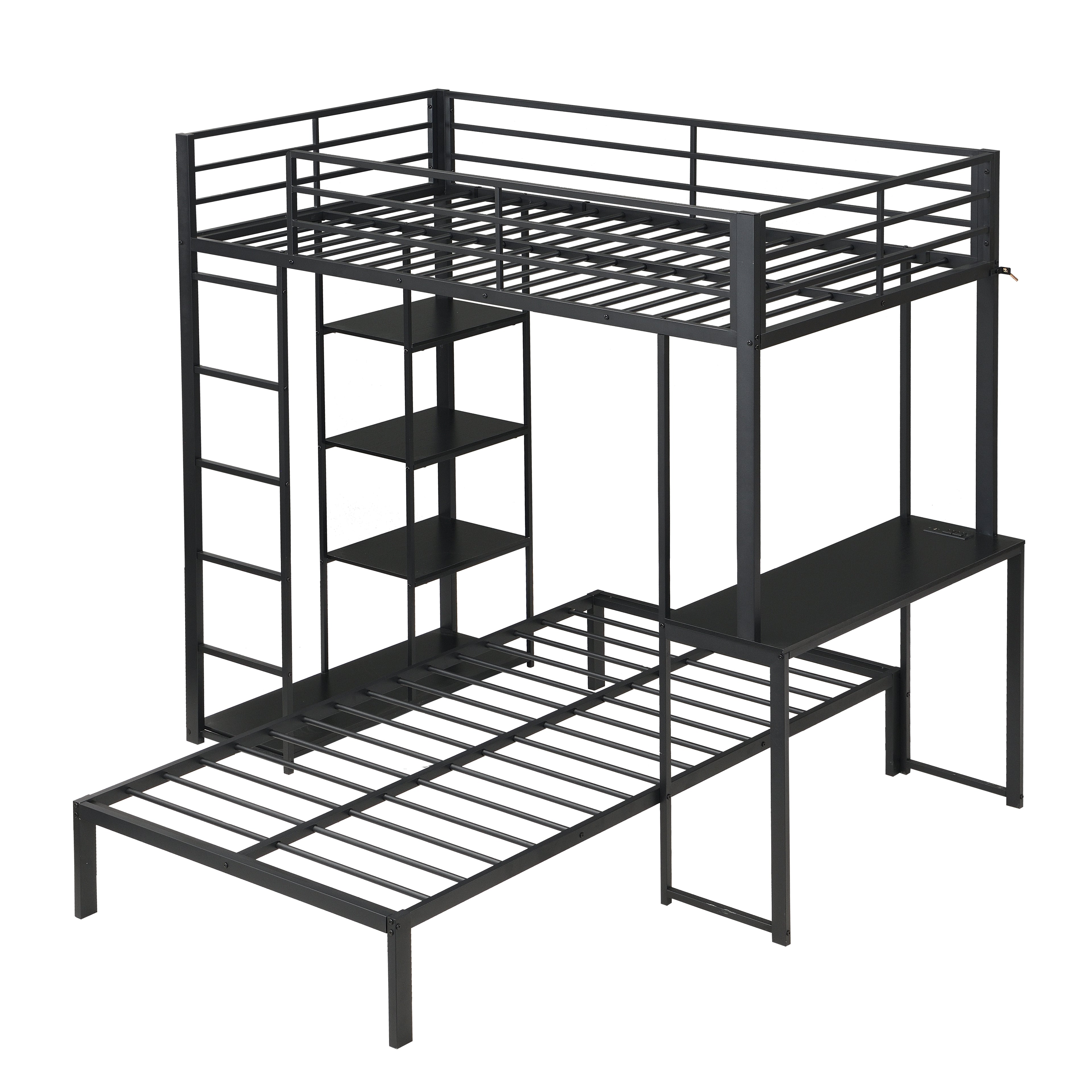 Metal Loft Bed Frame with LED Light Strip, Side Storage Shelves & Built-in Desk