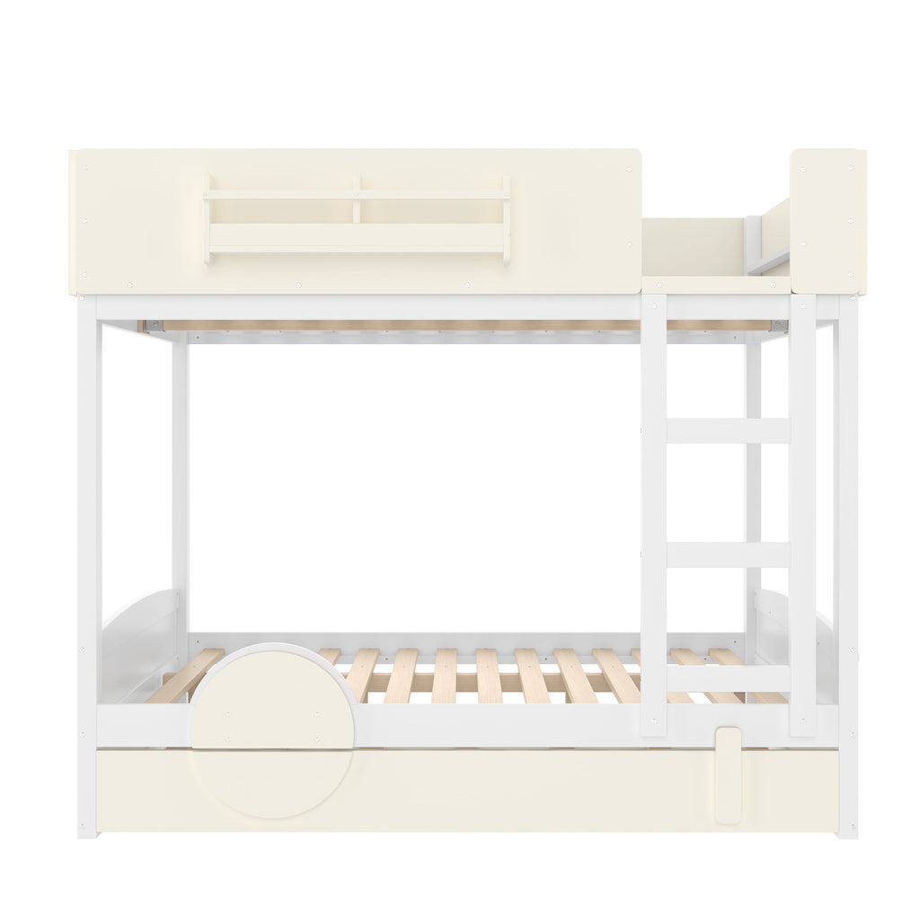 Full Bunk Bed with Trundle, White & Beige