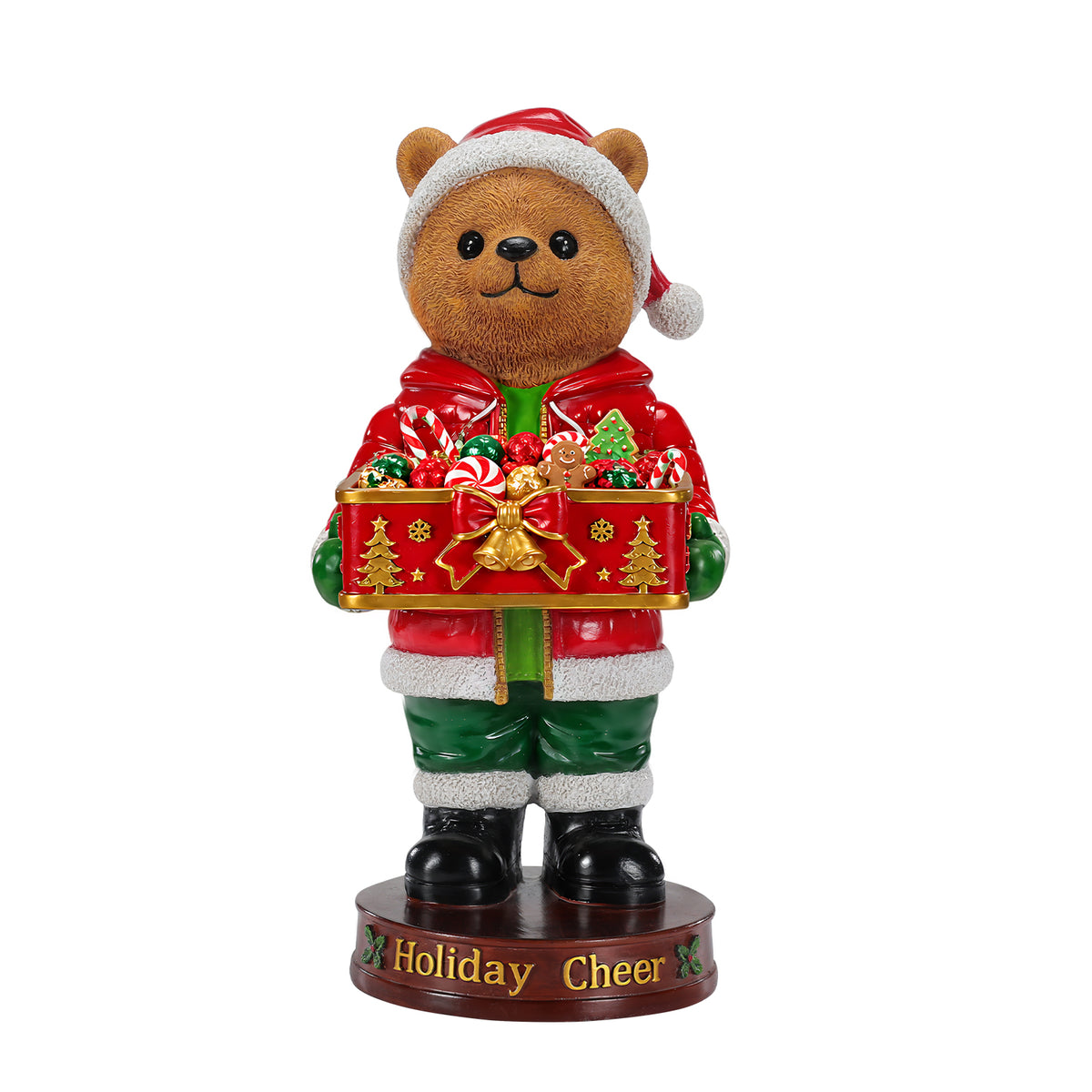 Christmas Bear Statue with Storage Tray, Red Resin, 18.5 Inches