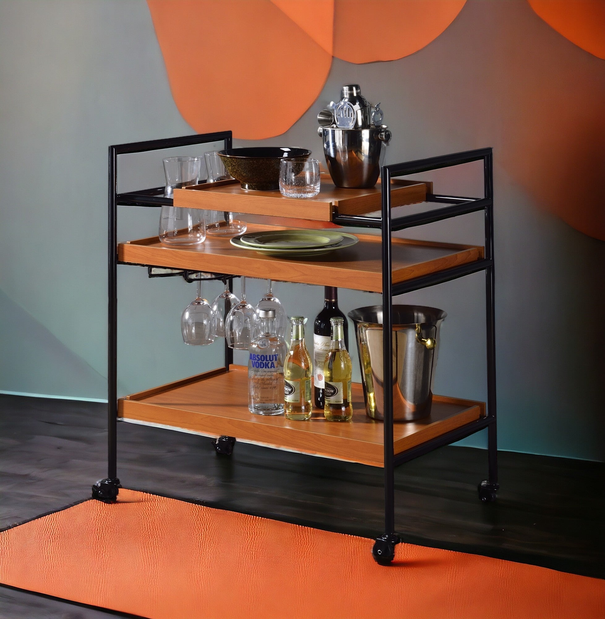 Oaken Honey Oak & Black Finish Serving Cart