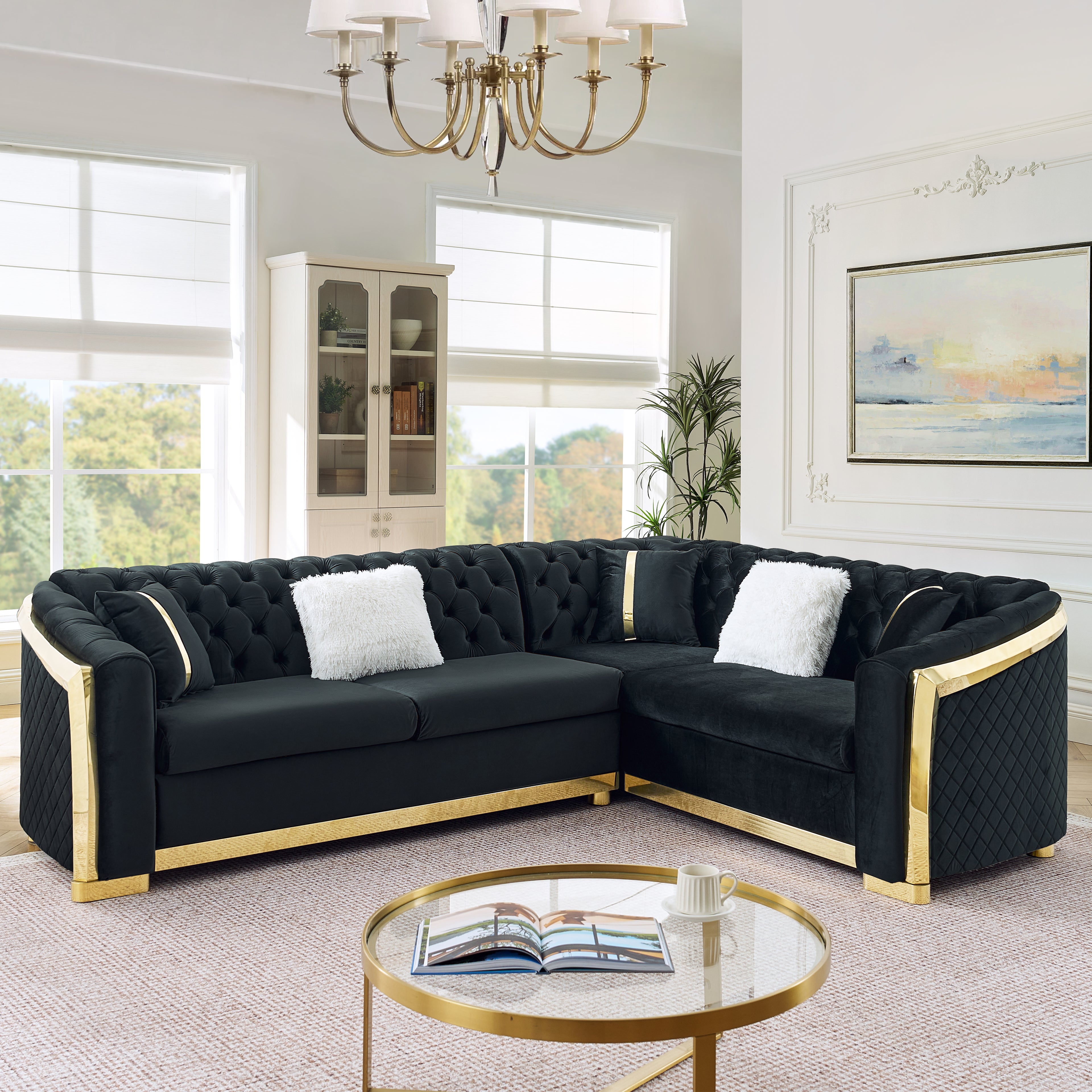 106 Inches L-Shaped Chesterfield Sectional Sofa Set