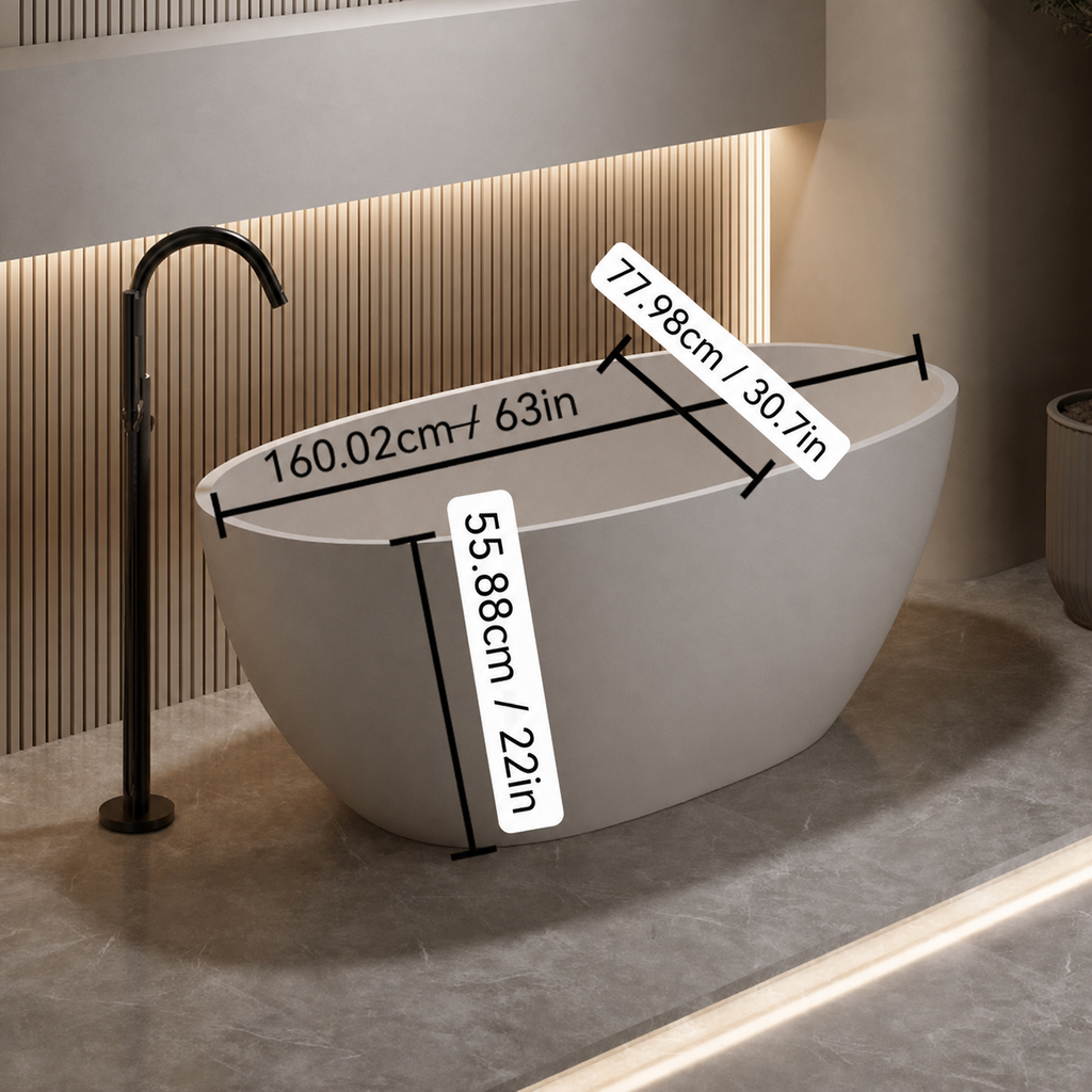 63-Inch Freestanding Soaking Bathtub, Solid Surface Stone Resin, Beige