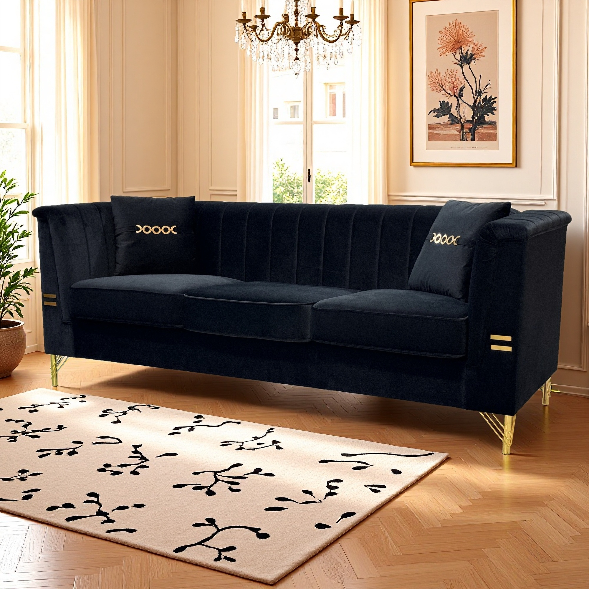 FX-P82-BK2 Modern Velvet 3-Seater Sofa