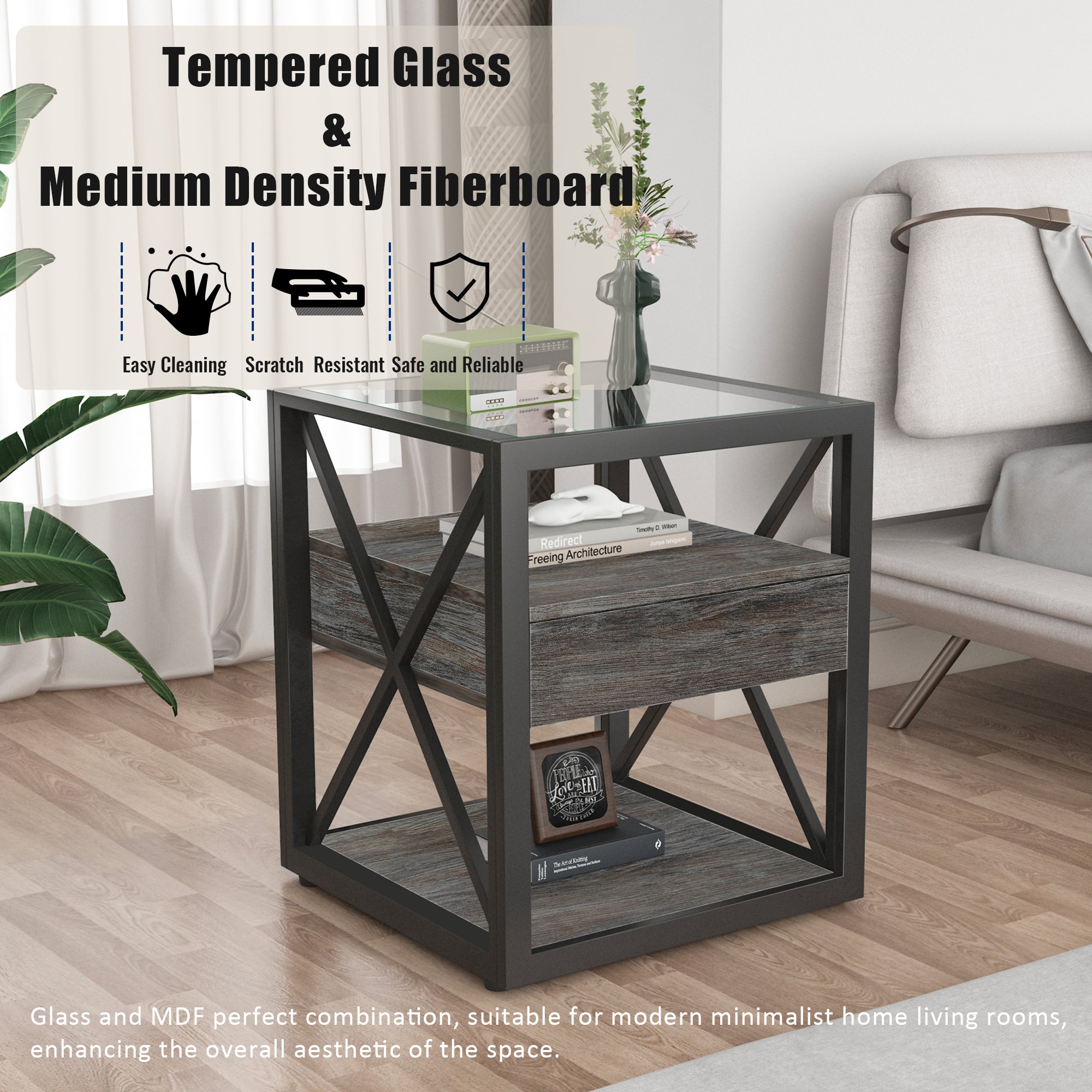 Set of 2 Modern End Table with Drawer