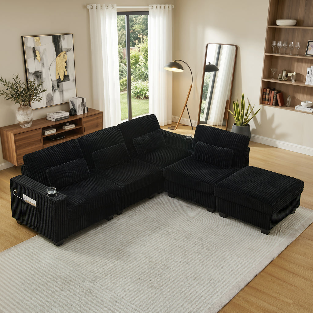 L-Shaped Corduroy Modular Sectional Sofa with Detachable Footrest