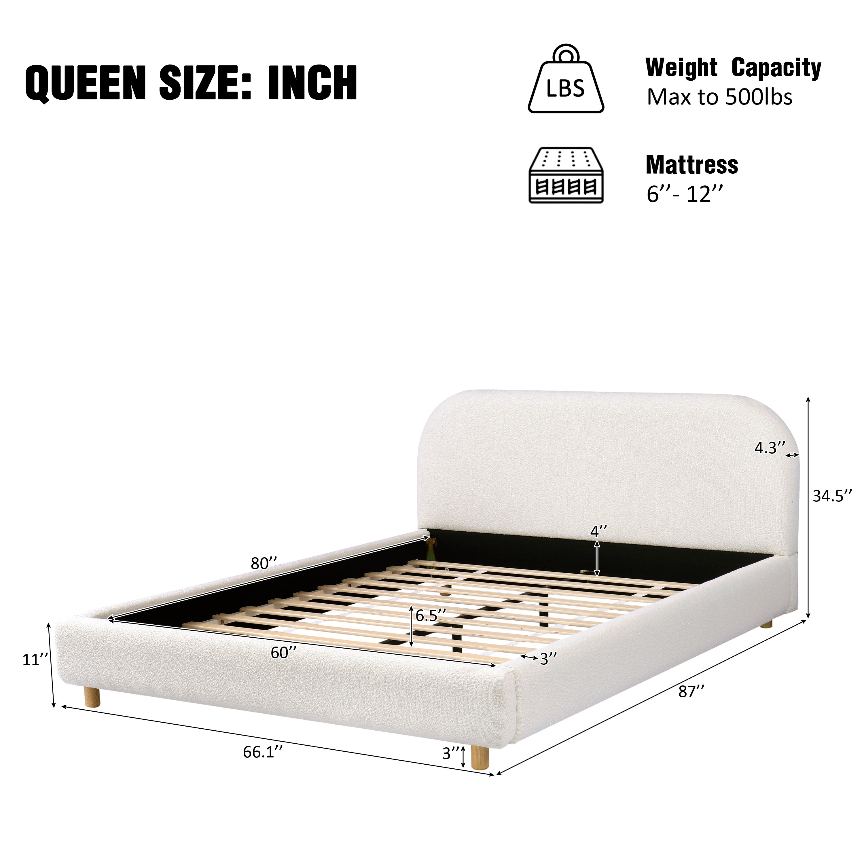 Queen Size Upholstered Bed With Boucle Fabric