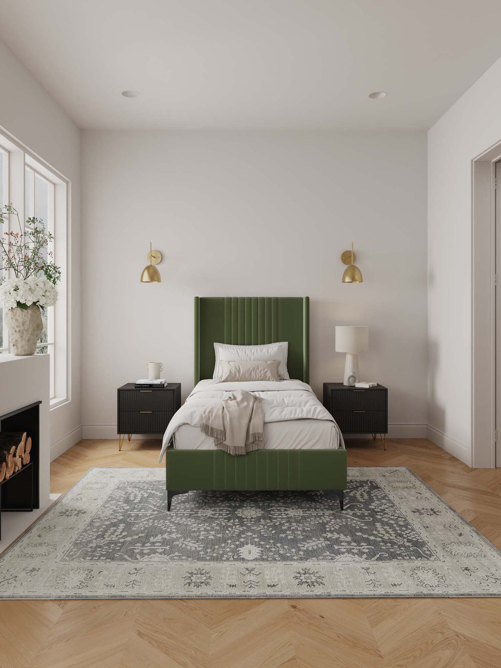Promenade Upholstered Velvet Twin Bed in Moss