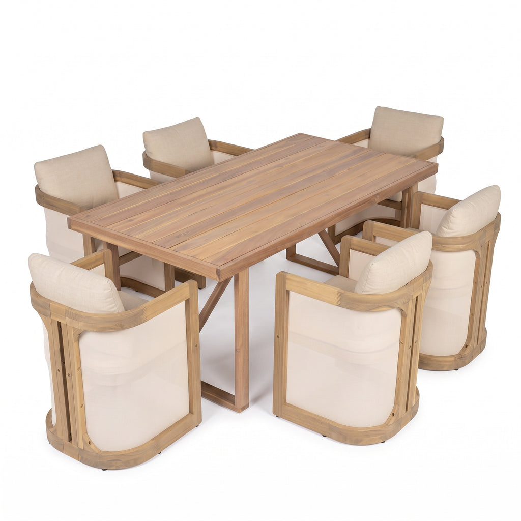7-Piece Acacia Wood Patio Dining Set, 67-Inch Table with 6 Chairs, Light White and Natural