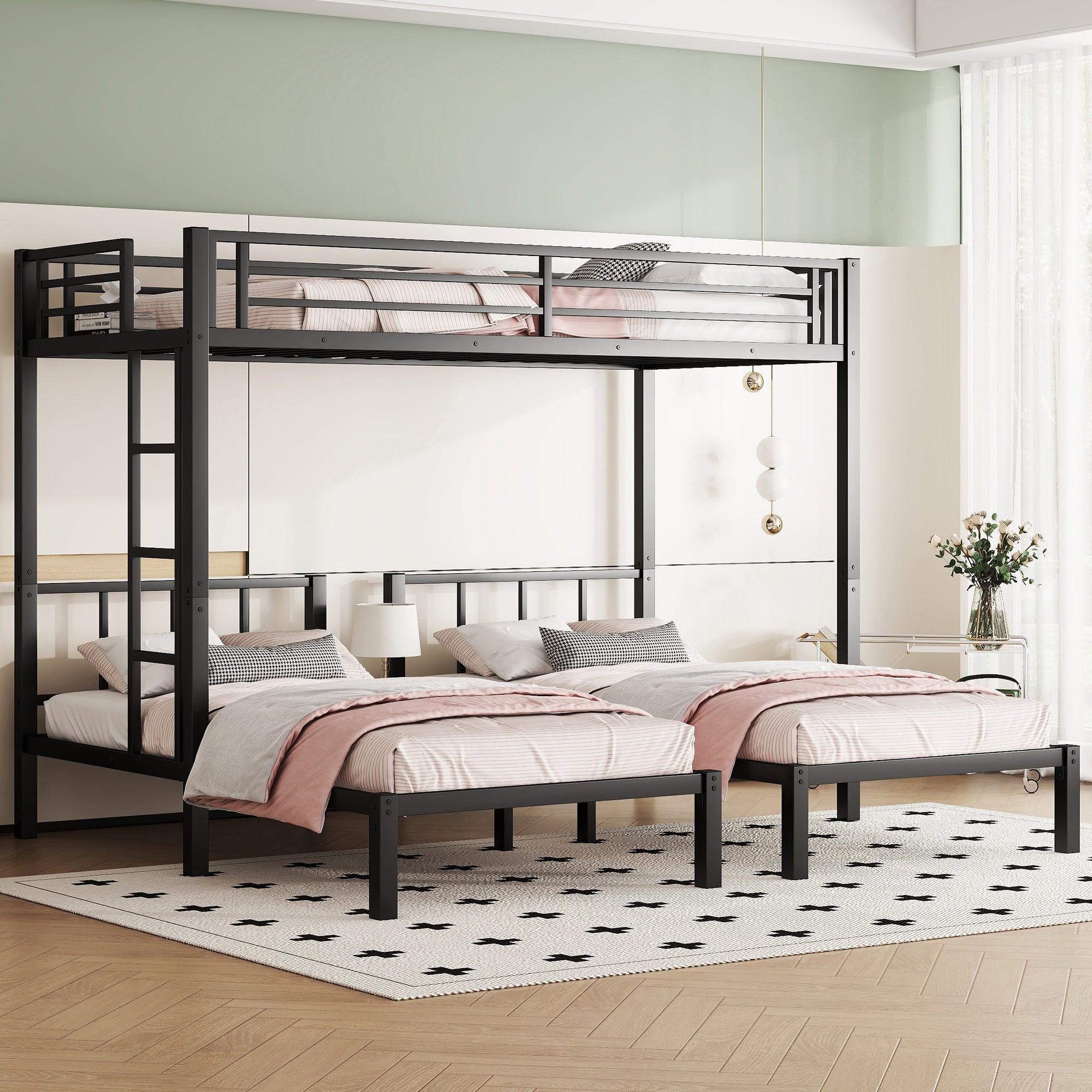 Metal Twin Over Twin & Twin Bunk Bed for 3