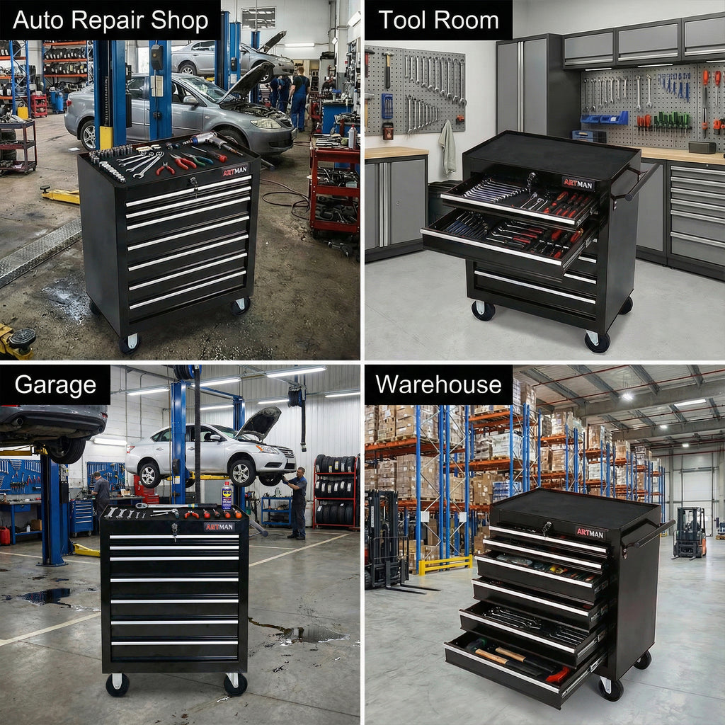 7 Drawers Multifunctional Tool Cart with Wheels - Black