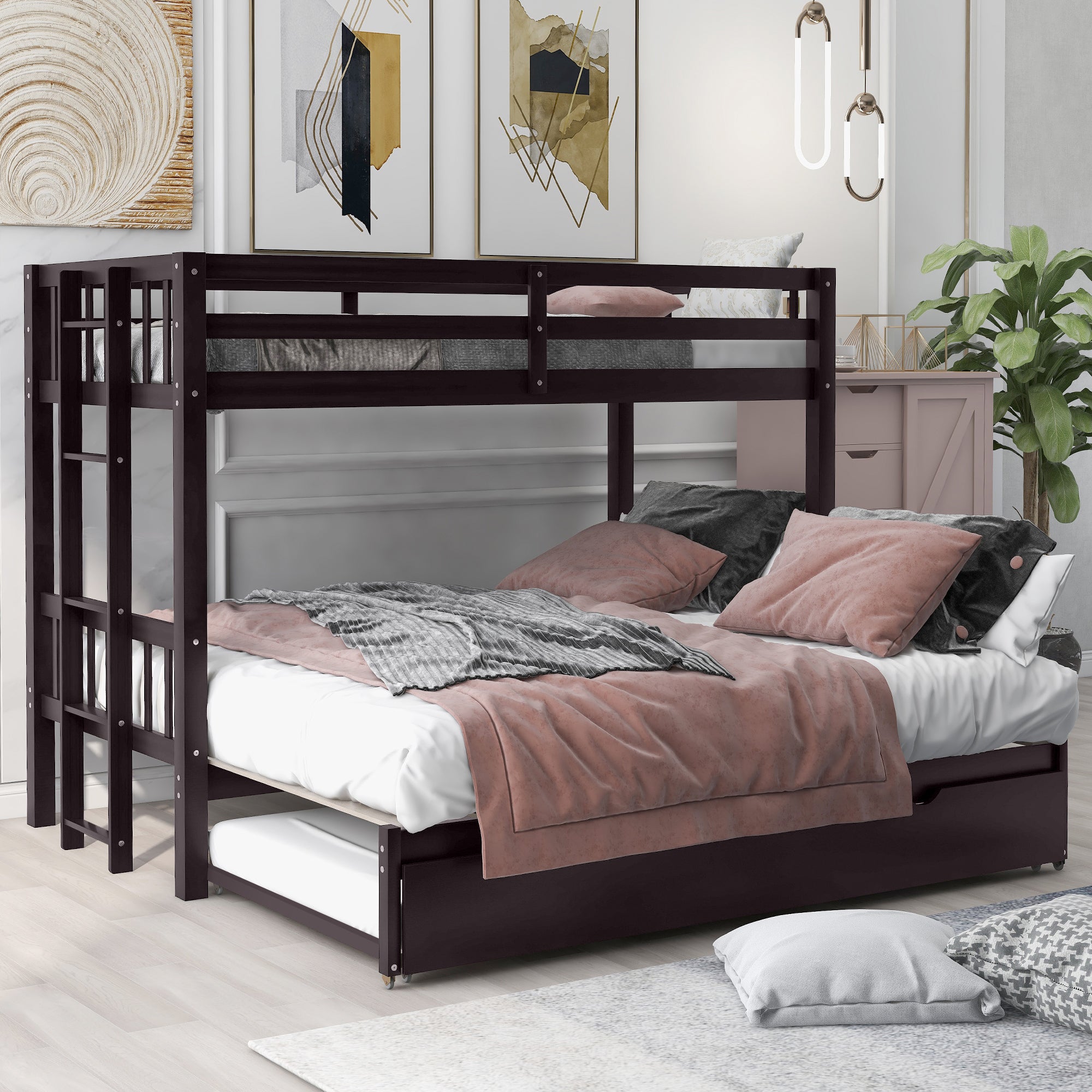 Twin Over Pull-out Bunk Bed with Trundle, Espresso