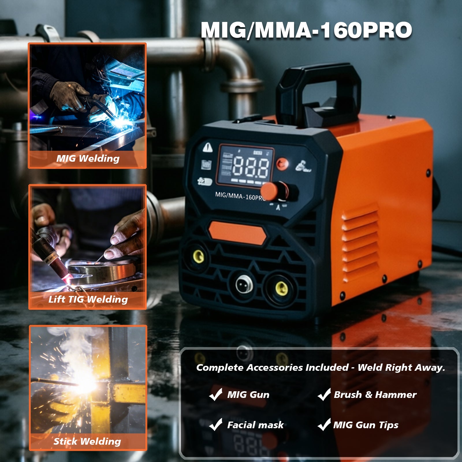Dual Voltage 4-in-1 Welding Machine, MMA/MIG-160 Pro