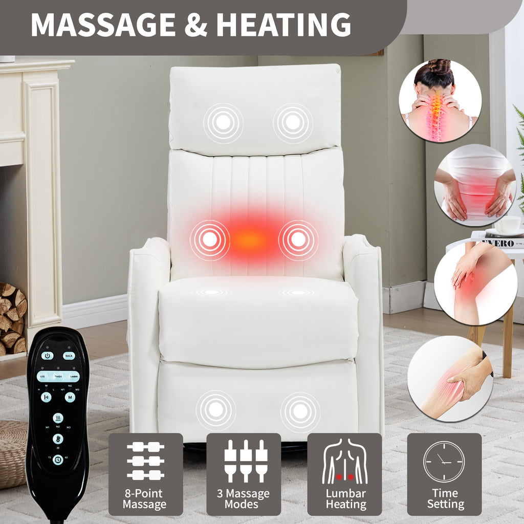 White Heat Massage Manual Recliner Chair with Rocker and Swivel