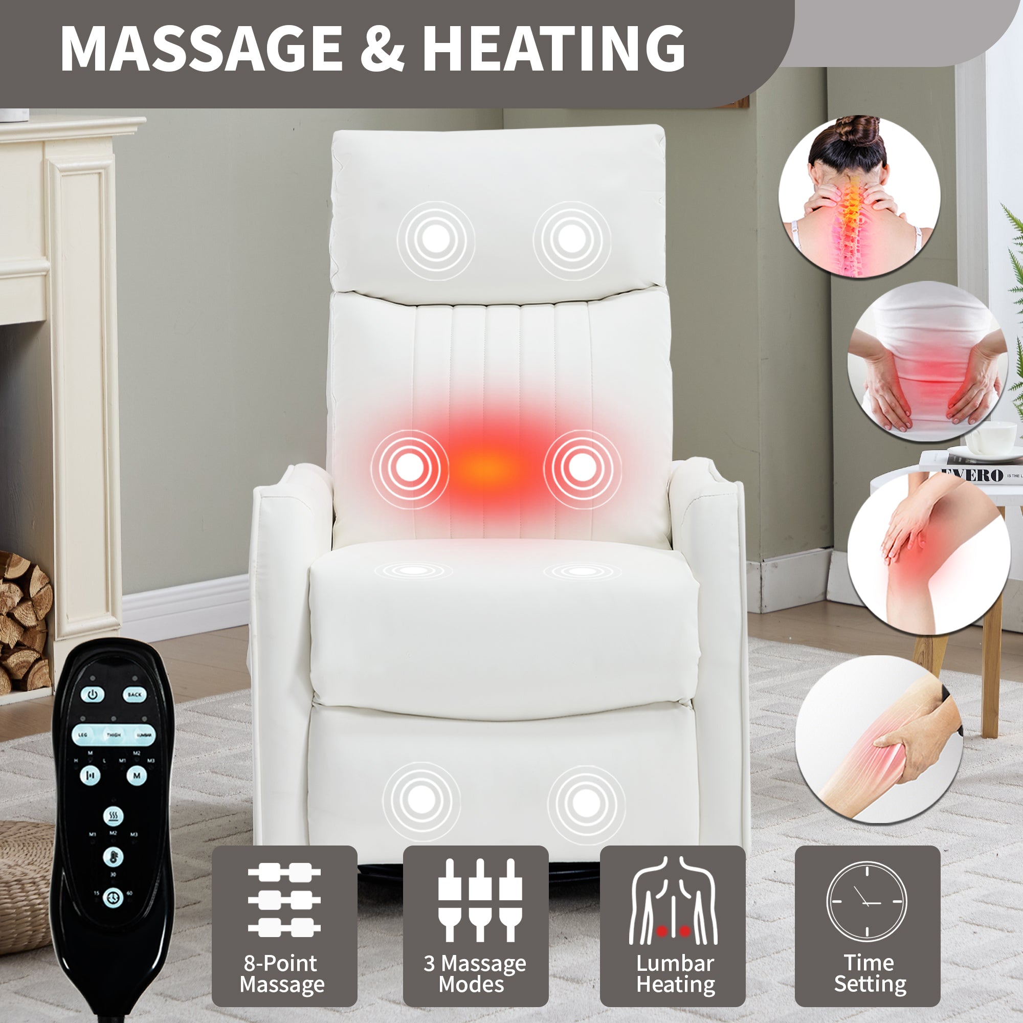 White Heat Massage Manual Recliner Chair with Rocker and Swivel