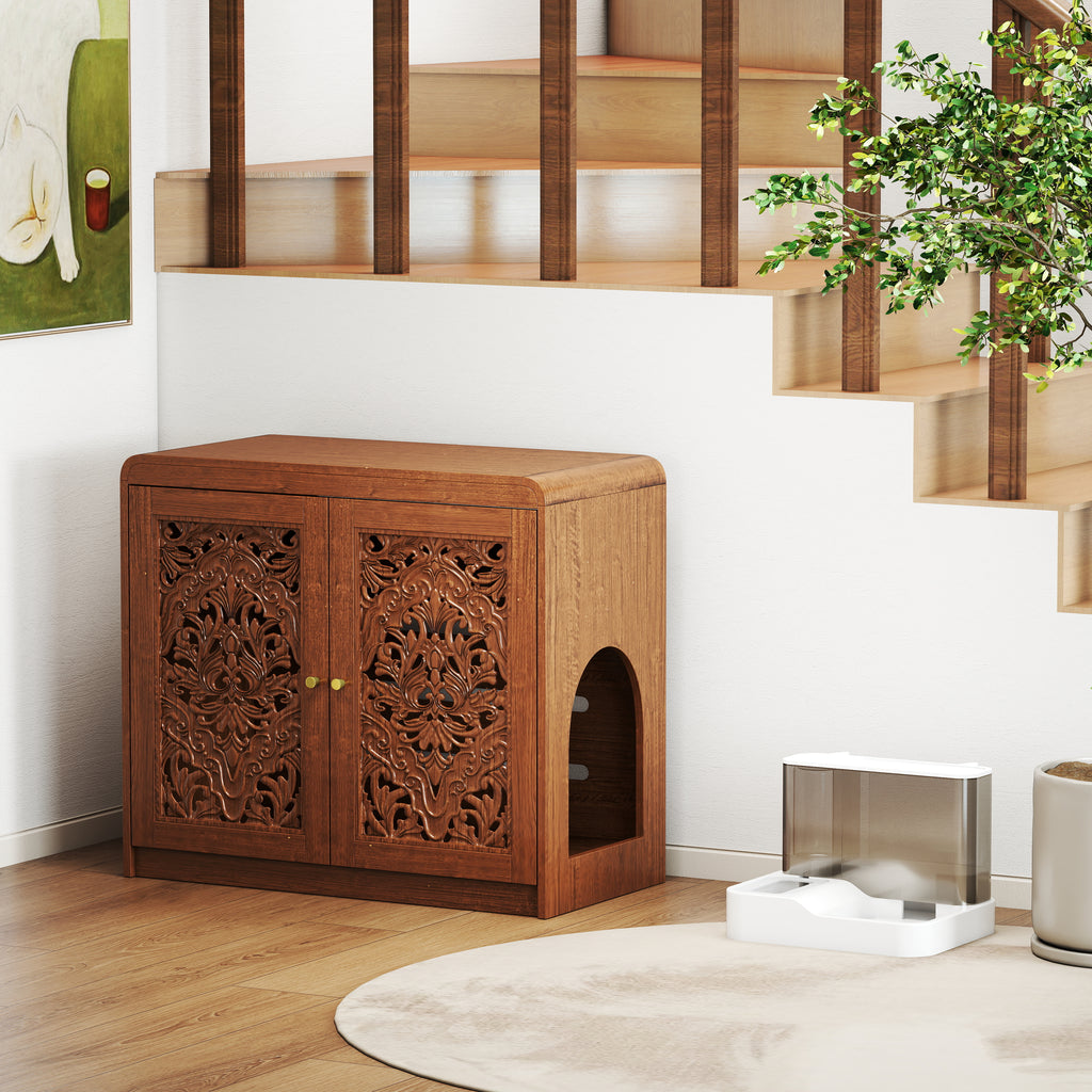 Walnut  Hollow‑Carved Cat Litter Box Enclosure Cabinet, Multi‑Purpose Sideboard with Vent & Large Cat Entry for Living Room & Entryway. Note: Litter box and cat mat not included.
