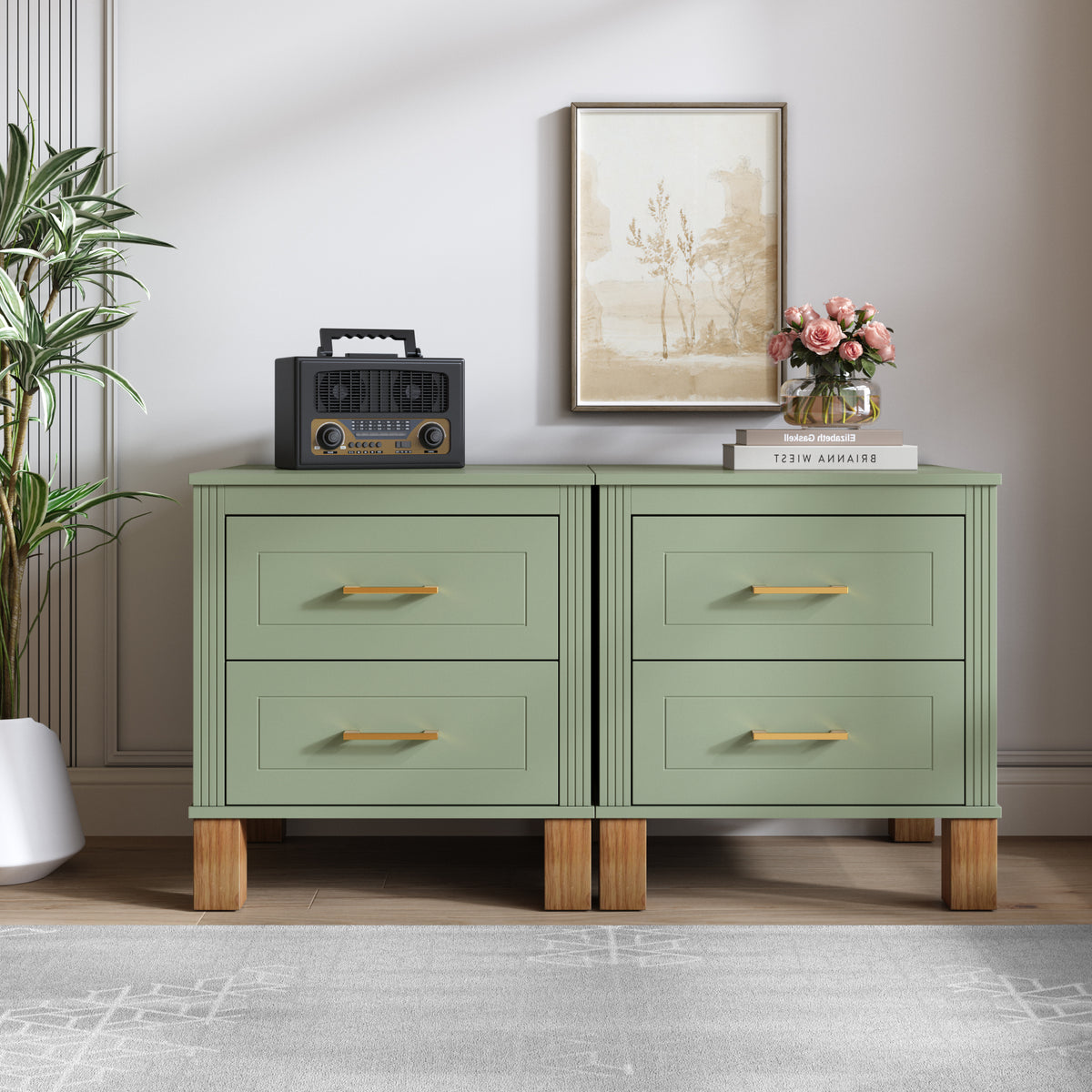 2-Drawer Nightstand with Fluted Design and Solid Wood Legs, Sage Green