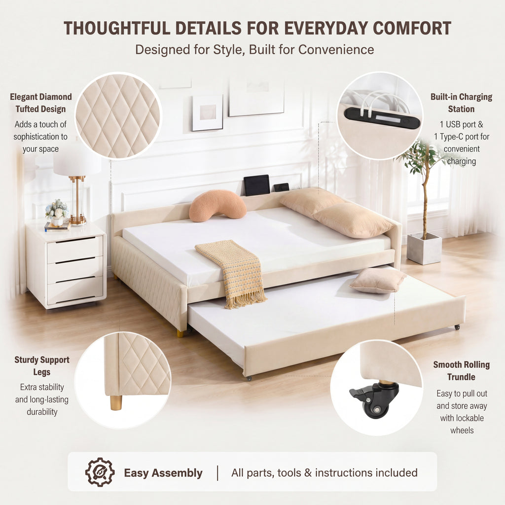 Upholstered Daybed with Trundle, Full and Twin, Beige Velvet
