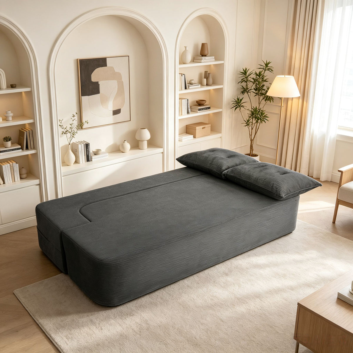 Modern Corduroy Floor Convertible Sofa Bed Folding Sleeper Couch with High-Density Foam Mattress No Assembly Require for Living Room & Small Apartments