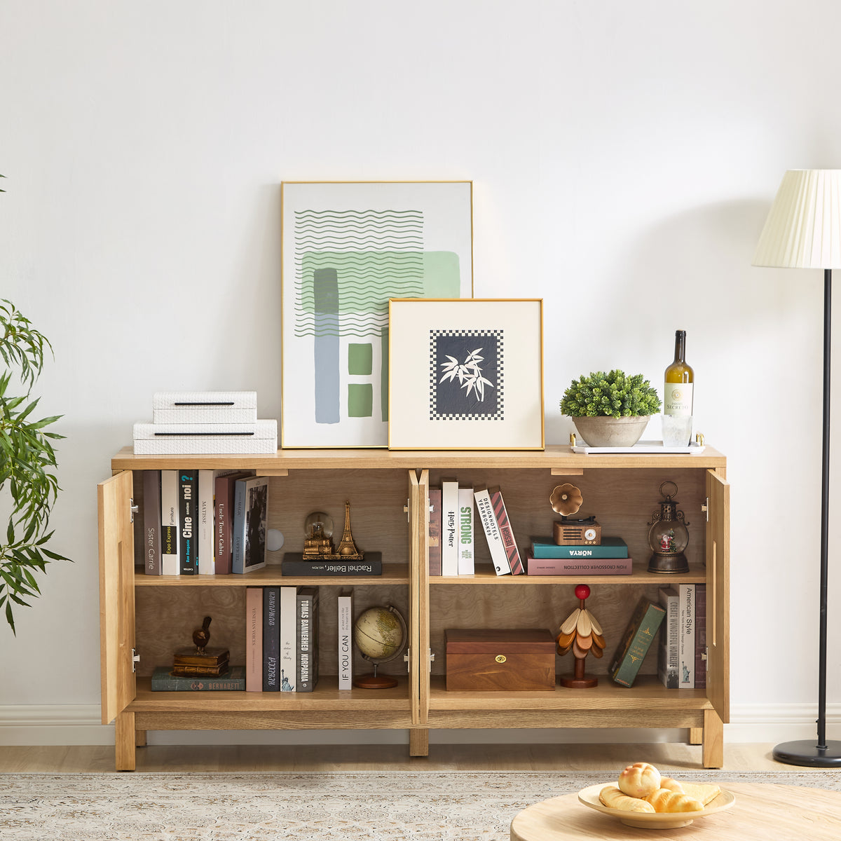 Mid Century Modern Sideboard Buffet Cabinet, 60.7-Inch, 4 Doors with Carved Design, Natural Wood