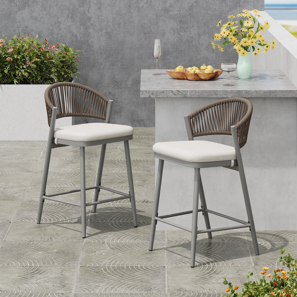 Outdoor 26" Seat Height Metal Frame Counter Stools with PE Rattan Scallop-shaped Backrest