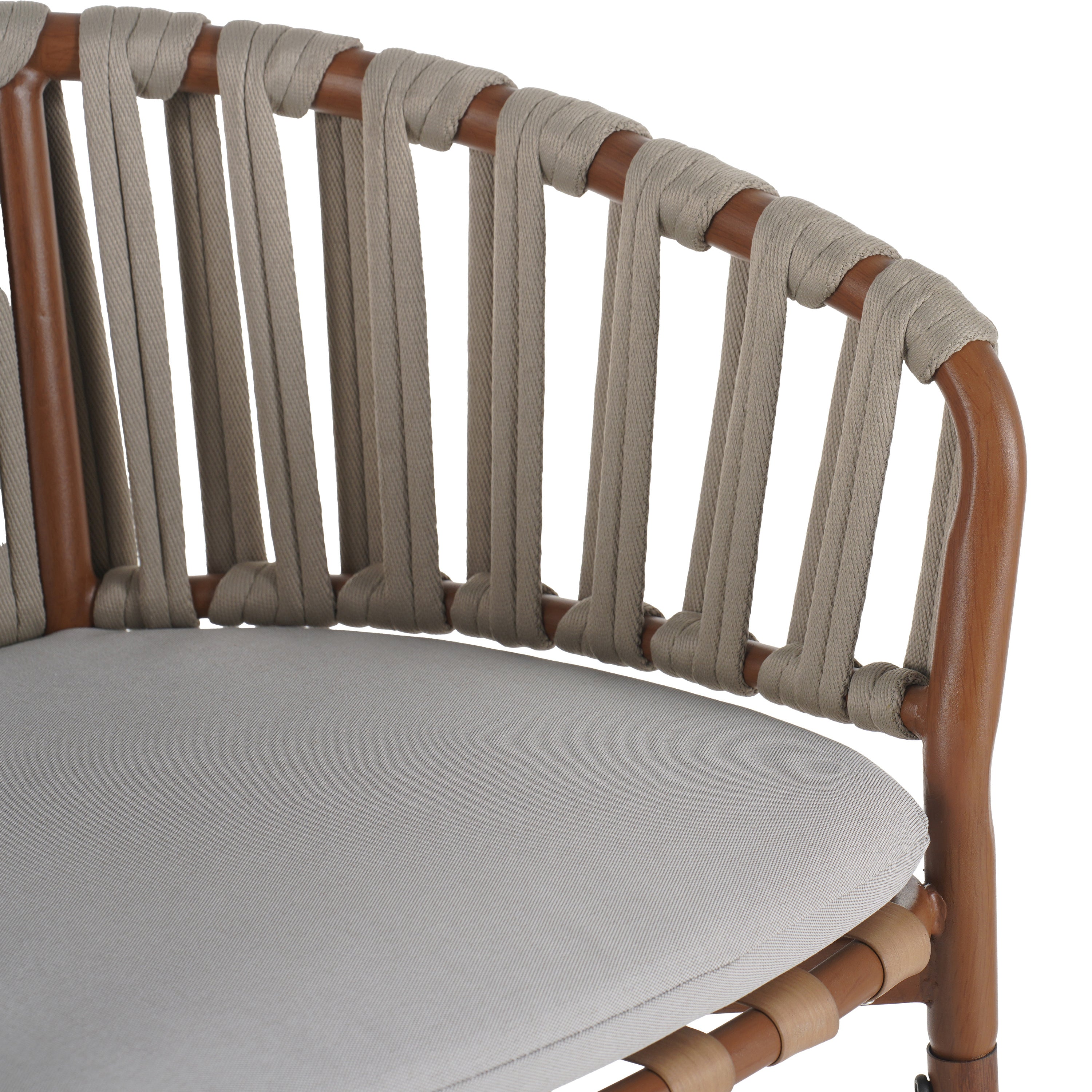 Lodi Outdoor Metal Rope Barstool, Teak Finished Frame and Beige Cushion, Set of 4