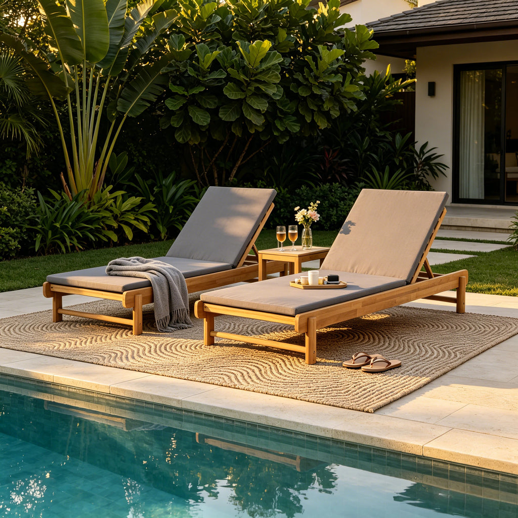 Light Teak Acacia Wood Chaise Lounge Set: 1 Frame + 1 2-Fold Dark