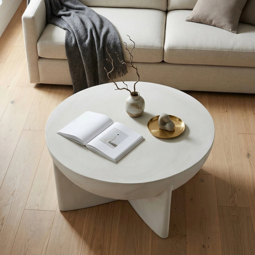 Matte White Distressed Round Coffee Table, Magnesium Oxide Sculptural Tripod Base