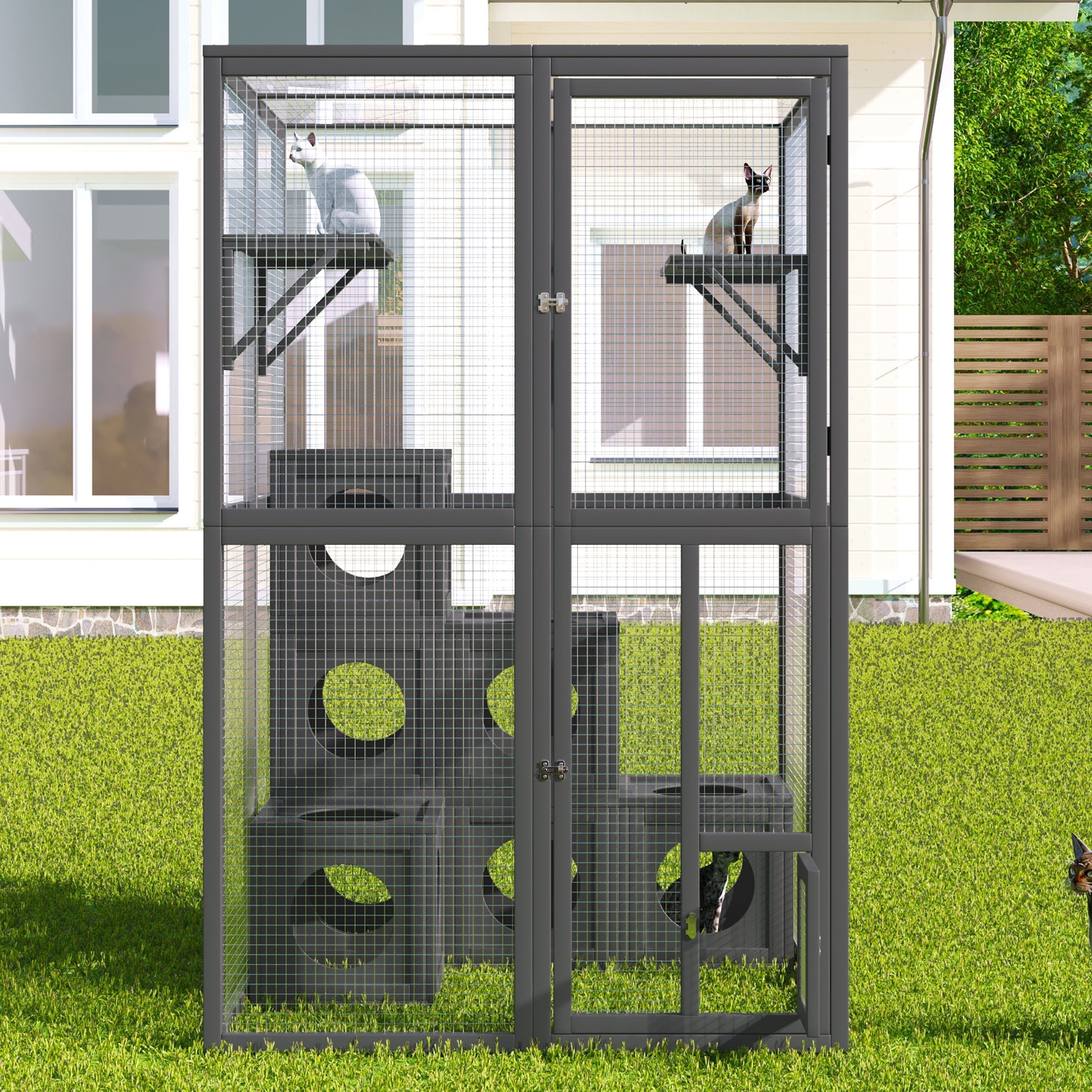 Grey Pine Wood Outdoor Cat House with Shelves and Weather Protection