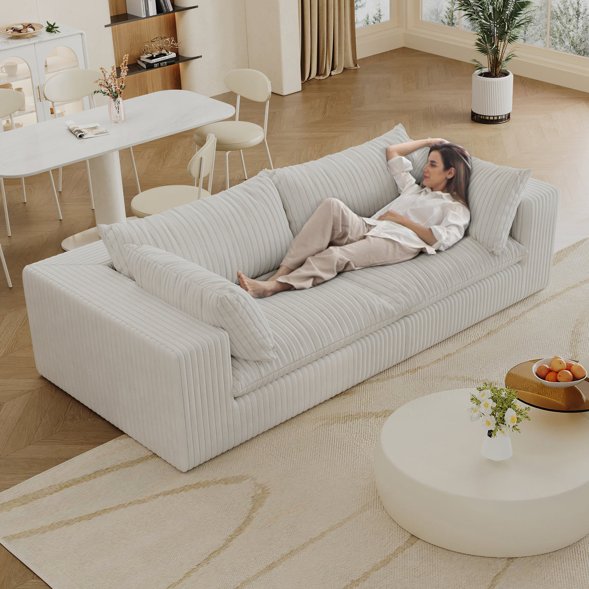 Y137 2-Seat Sofa, White Fabric with Feather-Filled Cushions