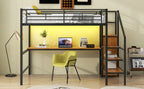 Full Size Metal Loft Bed with Desk, Storage Staircase, Small Wardrobe and LED Light