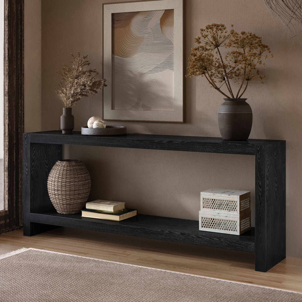 63-Inch Farmhouse Console Table, 2-Tier Rustic Design, Black Wood Veneer