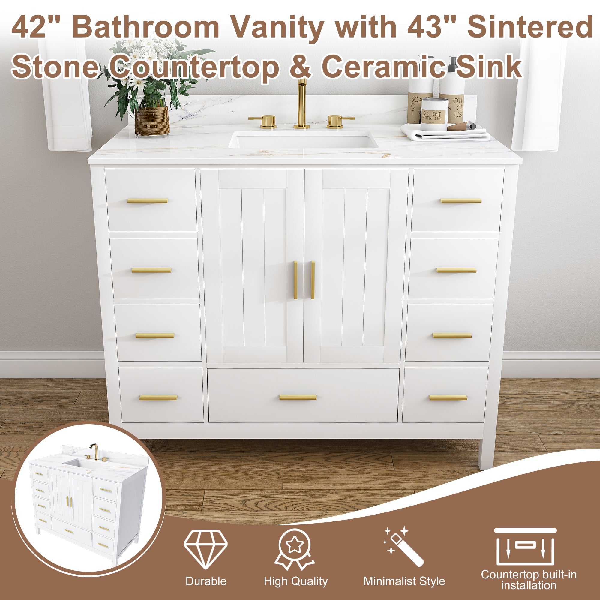 42" Modern Solid Wood Bathroom Vanity with Sink, 43" Carrara