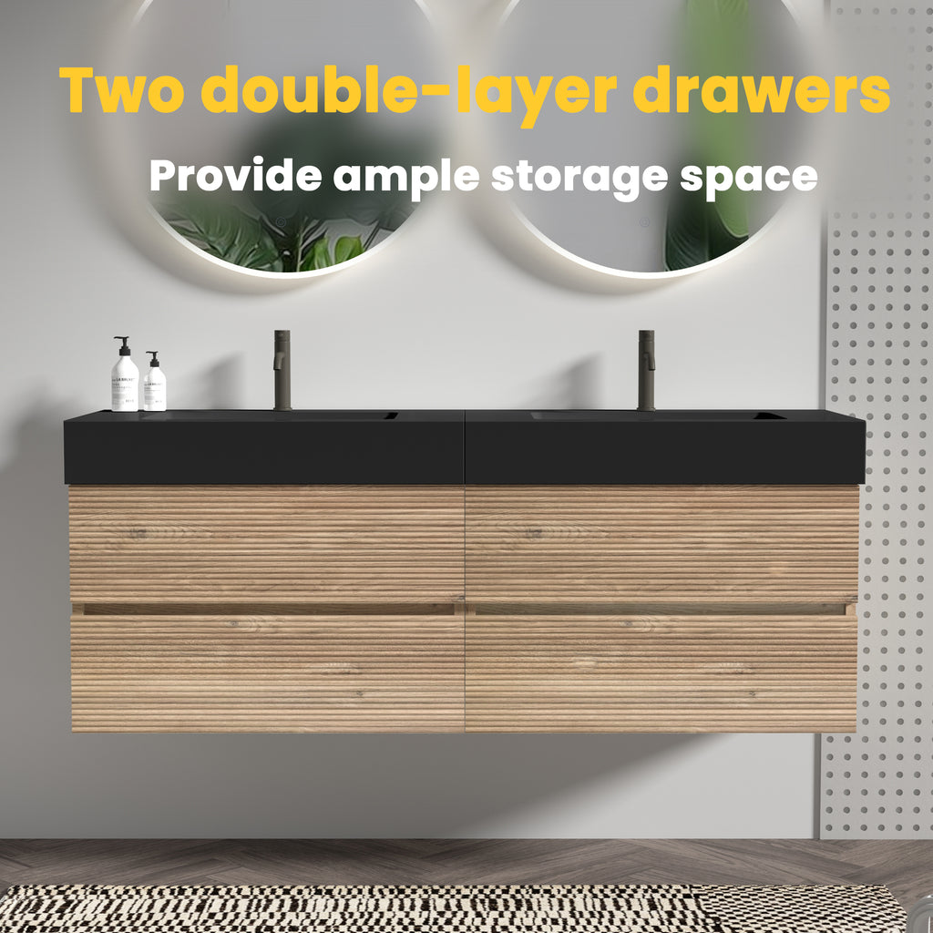 Grace 60-Inch Double Drawer Wall-Mount Bathroom Vanity, Black Oak with Solid Surface Sink