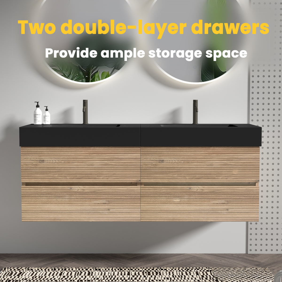 Grace 60-Inch Double Drawer Wall-Mount Bathroom Vanity, Black Oak with Solid Surface Sink