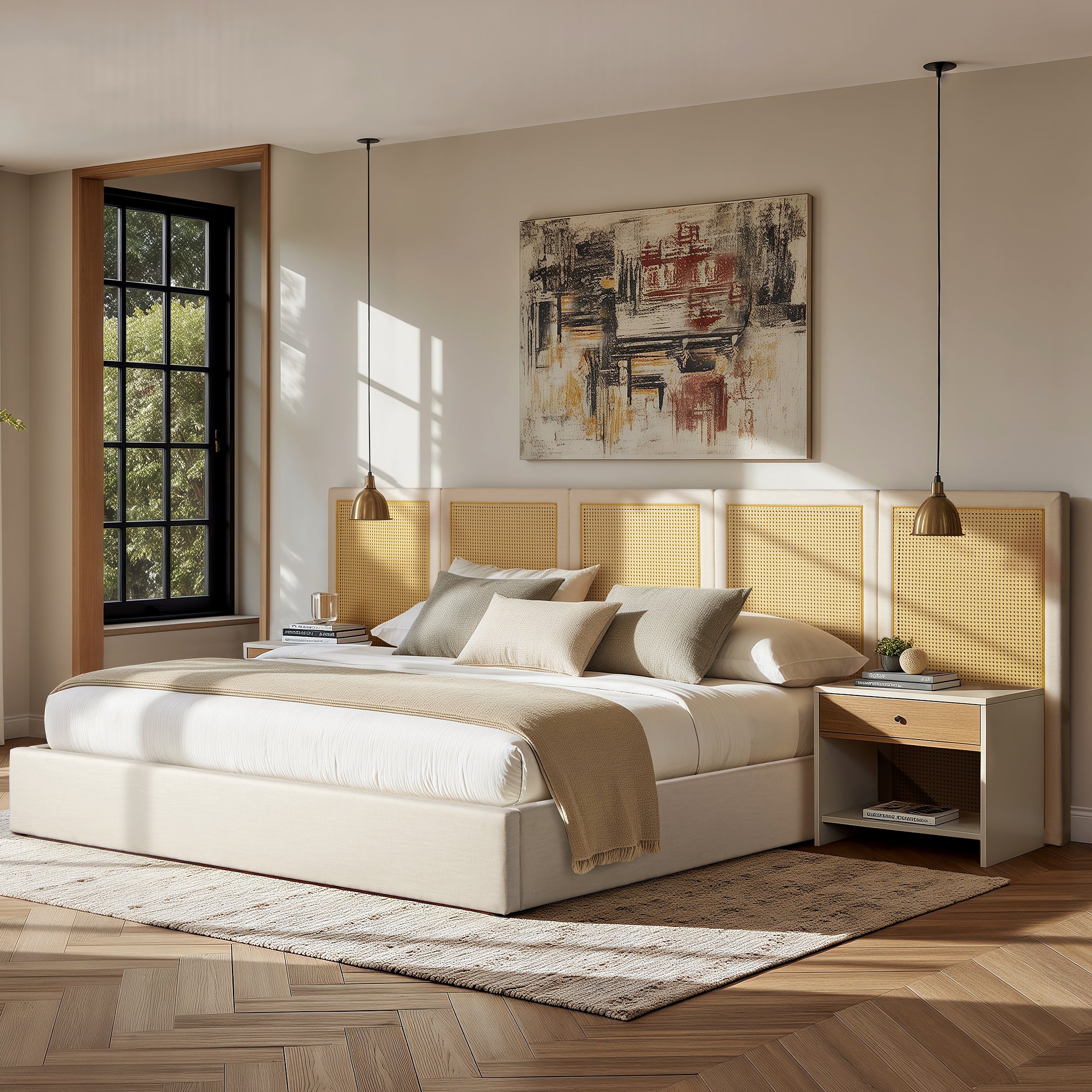 Capri Extended Headboard Cane Platform Bed, Antique