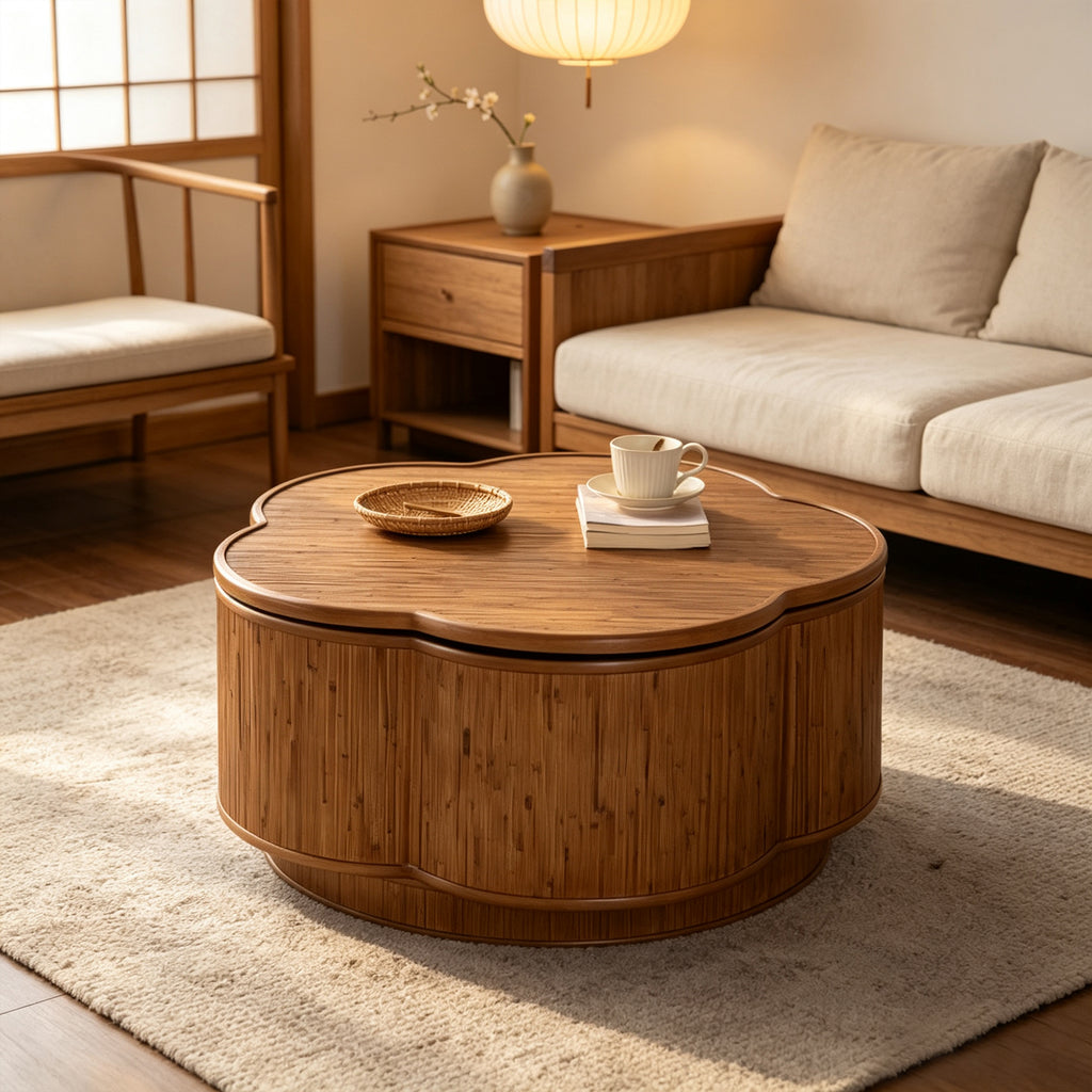 Flower-Shaped Rattan Coffee Table with Lift-Off Lid Storage