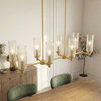 Willow Eight Lights Island with Clear Ribbed Glass Pendant Lamp - Satin